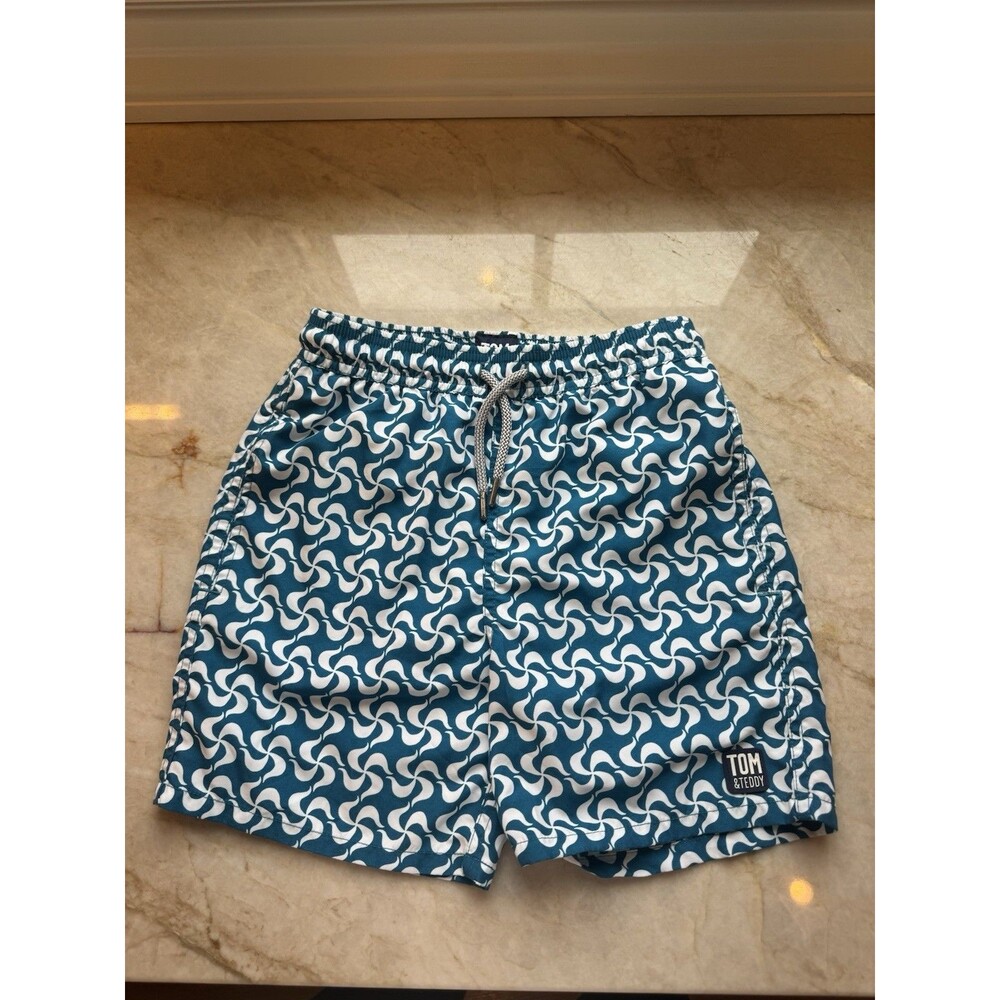 Tom & Teddy Boys Mediterranean Tiles Swim Shorts 7/8 Teal White Father Son